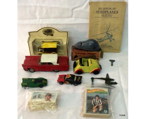 A collection of Vintage cars, Triang mouse, football playing cards and tea cards