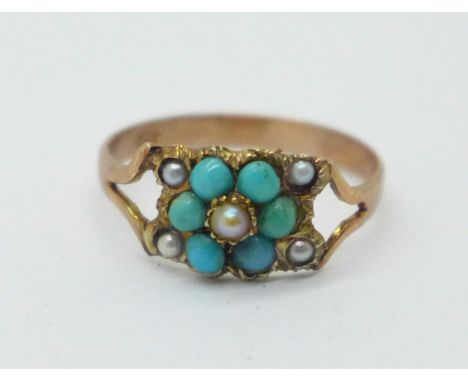 A Victorian 9ct gold turquoise and pearl cluster ring, 1.6g, O 