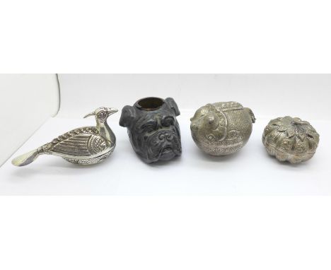 Two white metal boxes, (bird shaped box stamped T90), one other box and a novelty boxer dog metal inkwell 