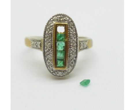 A 9ct gold, emerald and diamond ring, 3.1g, O, one emerald loose 