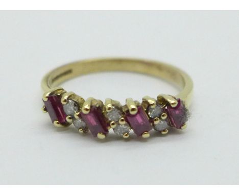 A 9ct gold, ruby and diamond ring, 1.9g, M 