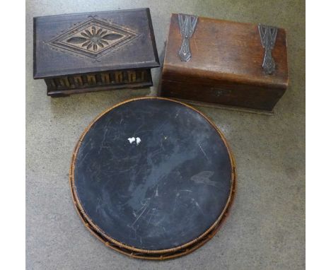Two wooden boxes and a tray inlaid with three mother of pearl butterflies 
