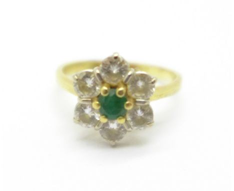 A 9ct gold, green and white stone flower cluster ring, 2.5g, H 