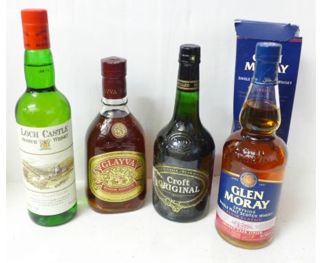 Two bottles of Scotch whisky, Loch Castle and Glen Moray, a bottle of Glayva Scotch Liqueur and a bottle of sherry 