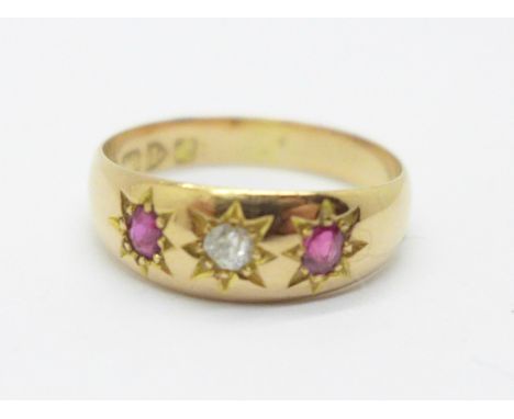 An 18ct gold, ruby and diamond ring, Chester 1909, 3.4g, Q 