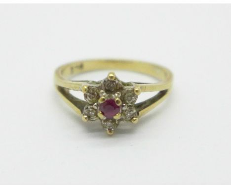 A 9ct gold red and white stone cluster ring, 1.8g, J 