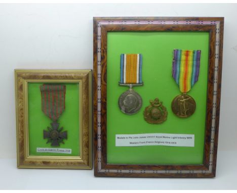 A pair of WWI medals, to Pte. John James CH1517 Royal Marine Light Infantry and a French Croix de Guerre 