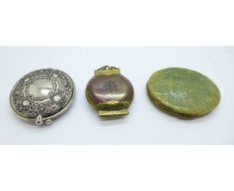 A shagreen compact, a plated compact and one other brass and copper hinged box or compact 