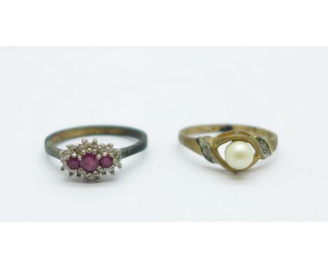 Two 9ct gold rings, one set with rubies and diamonds, 4g, pearl set ring shank a/f 