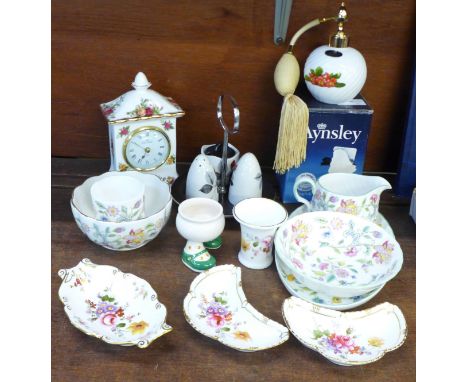 A collection of china including Haddon Hall, Royal Crown Derby and a Royal Albert clock 