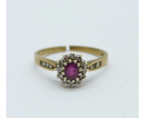 A 9ct gold, ruby and diamond ring, 2.8g, a/f shank cut 