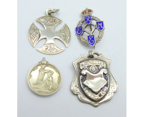 Two silver fobs, a Victorian medal miniature and a sterling silver and enamel badge 