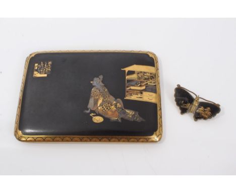 Early 20th century Japanese Damascene ware cigarette case and butterfly brooch