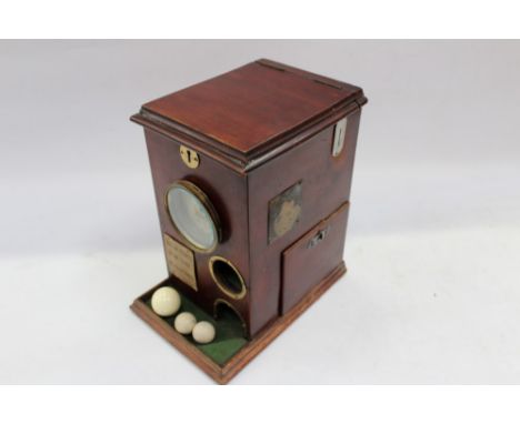 Early 20th Century mahogany cased billiards timer brass mounted with circular dial and ball release windows, 41cm high, coin 