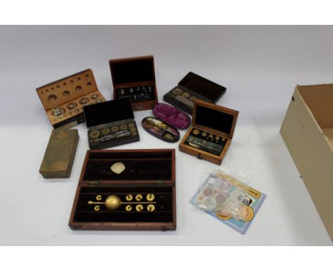 Collection of sets of weights in fitted cases, together with a Sikes hydrometer, sovereign scale, etc (qty)