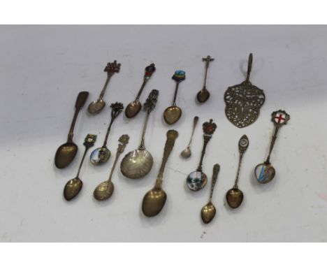Collection of silver and enamelled souvenir teaspoons including sterling, Continental; low grade silver and other examples