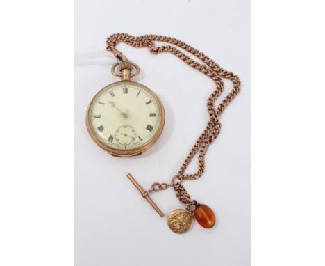 Gold (9ct) cased pocket watch with white enamel dial, Roman numeral markers and subsidiary seconds dial, together with rose g
