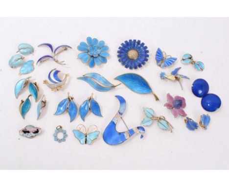 Collection of Danish and Norwegian silver and enamel jewellery to include David Andersen butterfly brooch, other brooches and