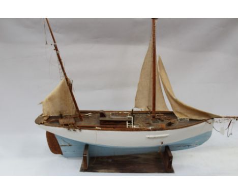 Large scratch-built model of a two-masted sailing ketch, on a wooden frame