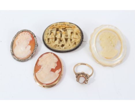 Gold (9ct) cameo ring, size N, cameo in gold (9ct) brooch mount, two other cameos and a Chinese carved ivory brooch (5)