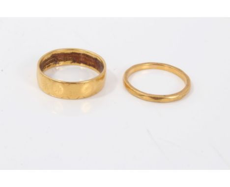 Two gold (22ct) wedding bands. Sizes K½ &amp; N