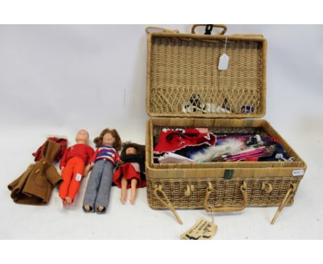 Dolls - Wicker hamper containing early Sindy (hairline Made in England) Paul (unmarked) and Patch ( Made in Hong Kong) , quan