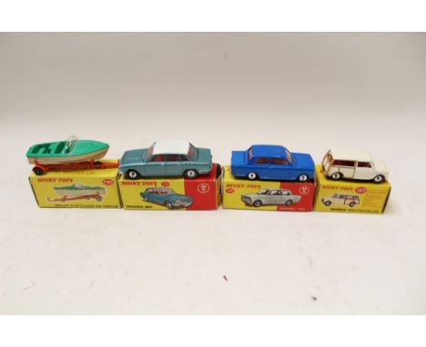 Dinky Triumph 2000 no. 135, Morris Mini-Traveller no. 197, Vauxhall Viva no. 136, Healey Sports Boat on Trailer no. 796, all 