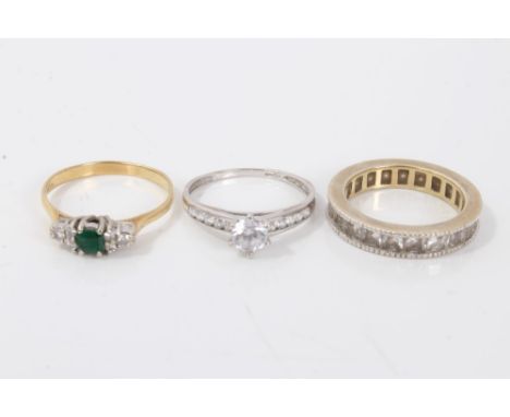 Gold (18ct) emerald and diamond dress ring and two other rings