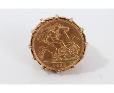 Gold half Sovereign, 1915, in gold (9ct) ring mount, size L½