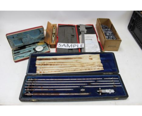Selection of engineering tools and gauges - including micrometres, delft gauge, tap and die set and other items