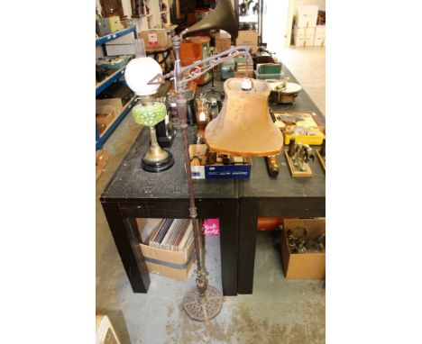 Art Deco metal standard lamp with cantilevered arm, stand to base ‘CROWN’, 142cm high, together with Chinoiserie style balloo