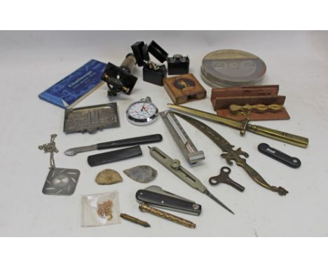 Selection of miscellanea – including small microscope, pair sovereign scales, watch stand, yachting timer, pair travelling in