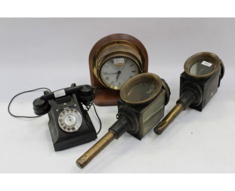 Pair of antique carriage lamps together with marine style wall clock, vintage Bakelite telephone and a brass desk lamp