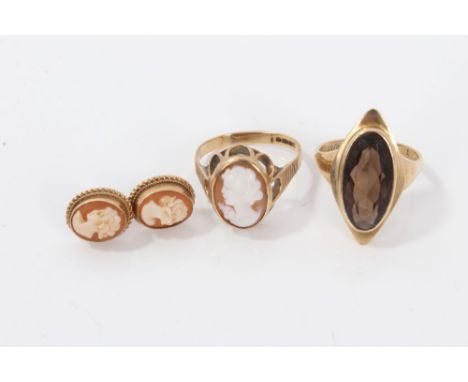 Gold (9ct) oval cut smokey quartz dress ring, gold (9ct) cameo ring, both ring size Q and pair gold (9ct) cameo earrings