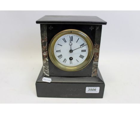 Late 19th / early 20th century mantel clock with eight day timepiece movement and white enamel dial with Roman numerals in a 