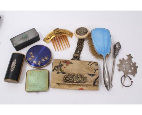 Silver and blue enamel brush, Oriental vintage purse, various compacts, white metal kilt pin, silver handled button hook and 