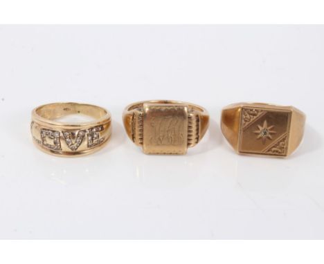 Two 9ct gold signet rings and a 9ct gold ‘Love’ ring (Qty: 3)