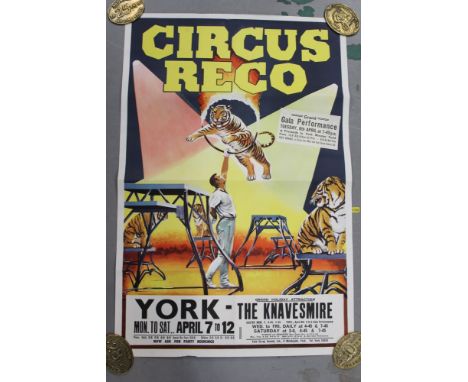 Circus Poster: Circus Reco 1960s featuring Tiger Jumping through Ring of Fire, 76cm x 50cm approximately