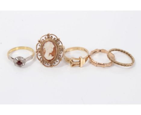 Gold (18ct) single stone ruby ring, gold (9ct) cameo ring, gold (9ct) buckle ring and two other rings