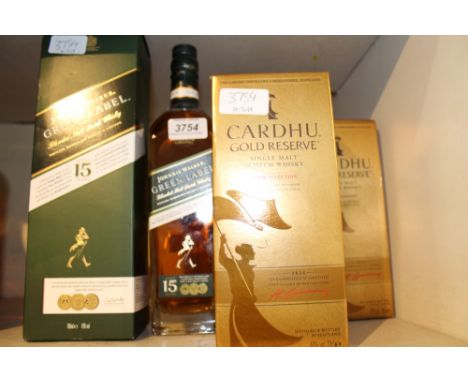 Two 70cl bottles Cardhu single malt whisky, together with 70cl bottles Jonnie Walker green label blended scotch whisky. (4)