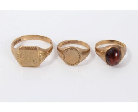 Two gold (9ct) signed rings and a gold (9ct) tigers eye ring (3)