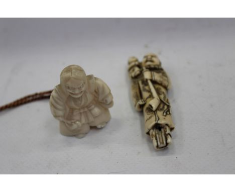 19th century Japanese carved ivory netsuke in the form of a figure with opium pipe and child on his shoulder, 8cm high, toget