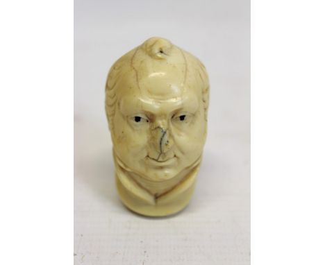 Victorian Ivory Walking Stick Handle carved in the form of a gentleman's head, possibly The Duke of Wellington.