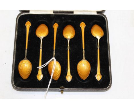 Set of six early 20th century silver (925) and orange guilloche enamel coffee spoons with maker's mark for Nils Erik Elvik, i