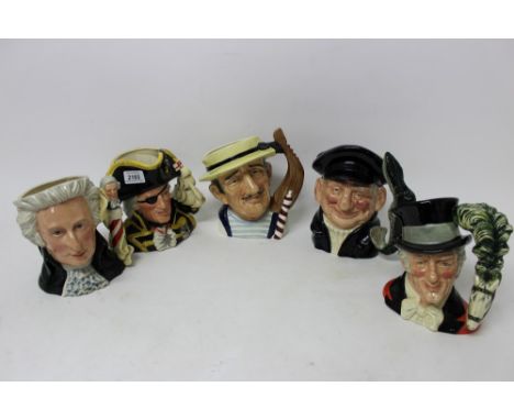Five large Royal Doulton character jugs – Gondolier, Lobster Man, Vice-Admiral Lord Nelson, The Ring Master and Mozart