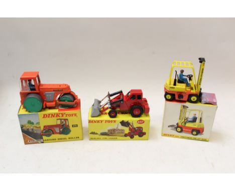 Dinky Muir-Hill 2/WL Loader no. 437, Aveling-Barford Diesel Roller no. 279, Conveyancer Fork Lift Truck no. 404, all boxed (3