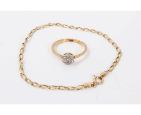 Gold (18ct) diamond cluster ring, size N and gold (9ct) bracelet