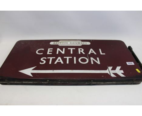 Enamel maroon and white British Railways ‘Central Station’ flag-mounted sign
