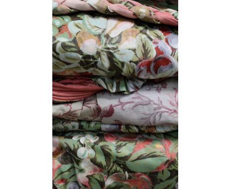 Two pairs of vintage curtains. One pair printed fruit and foliage glazed cotton with plaited tie backs and swags. The other p
