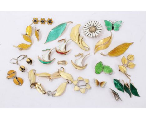 Collection of Danish and Norwegian silver and enamel jewellery to include bracelet, brooches and earclips and similar jewelle